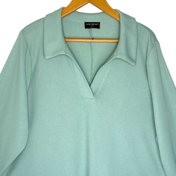 Lane Bryant Classic Long-Sleeve V-Neck Polo Ribbed Tee 22/24 Aqua Mint Green - Picture 3 of 8
